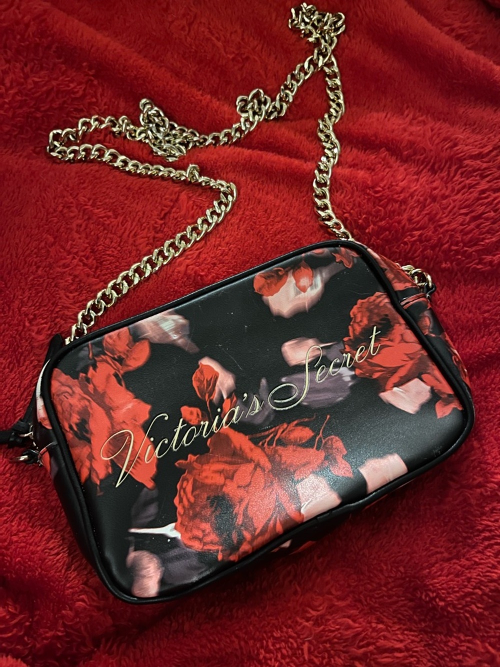 Victoria's Secret Black Floral Cosmetic Crossbody with Gold Chain
